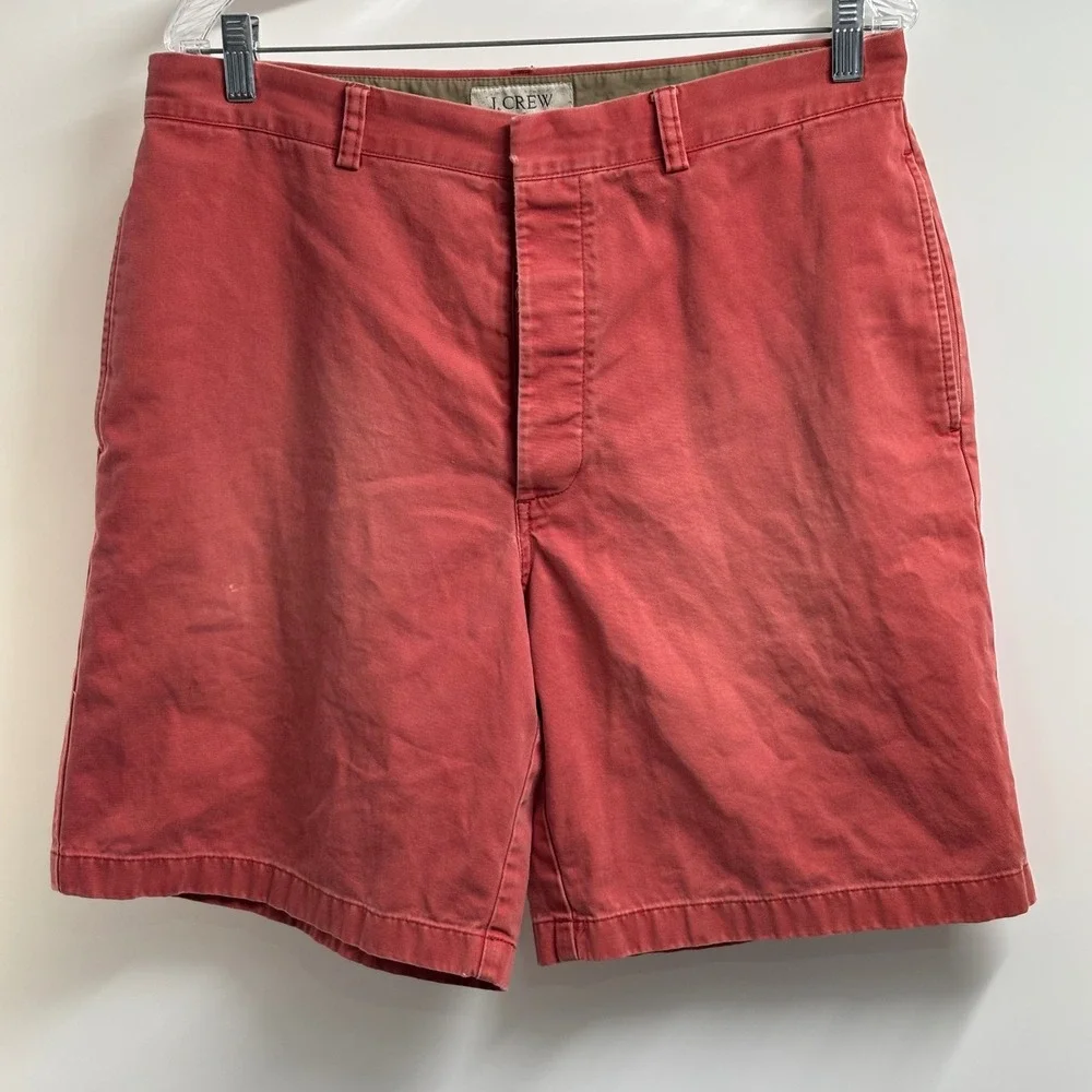 J Crew Chino Shorts Mens 34 Fits 32 Salmon Pink Button Fly Cotton Preppy